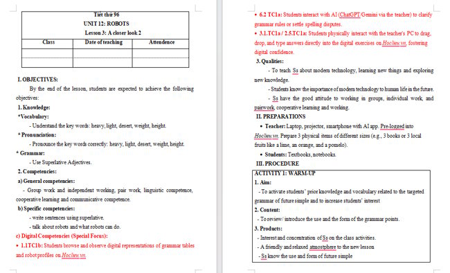 Giáo án tích hợp NLS Tiếng Anh 6 Unit 12: A Closer Look 2