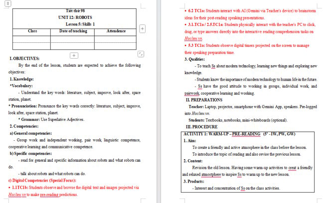 Giáo án tích hợp NLS Tiếng Anh 6 Unit 12: Skills 1