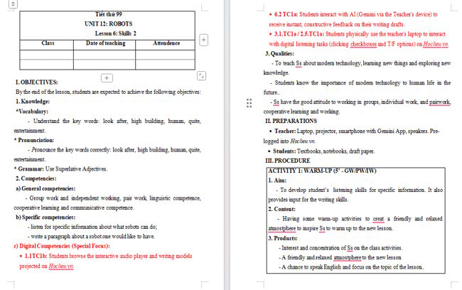 Giáo án tích hợp NLS Tiếng Anh 6 Unit 12: Skills 2