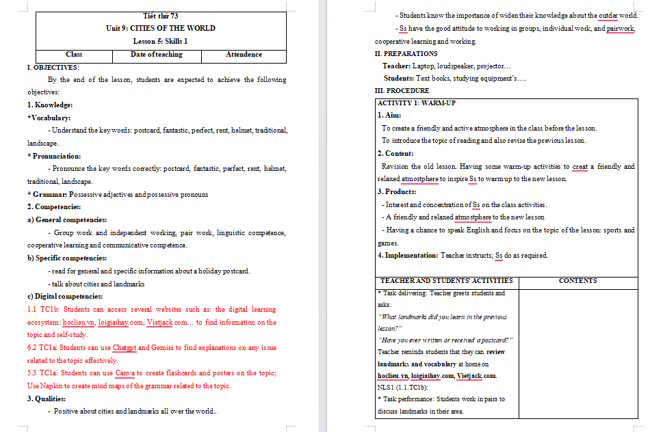 Giáo án tích hợp NLS Tiếng Anh 6 Unit 9: Skills 1