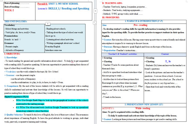 Giáo án tích hợp NLS Tiếng Anh 6 Unit 1: Skills 1