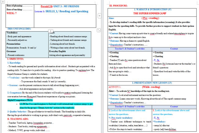 Giáo án tích hợp NLS Tiếng Anh 6 Unit 3: Skills 1