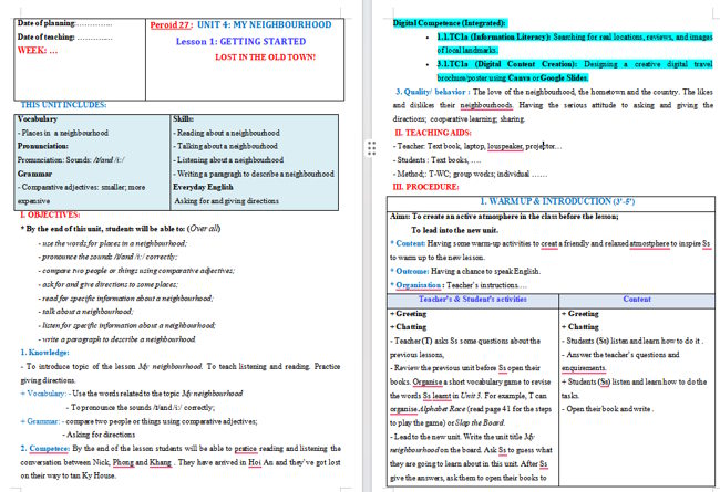 Giáo án tích hợp NLS Tiếng Anh 6 Unit 4: Getting Started