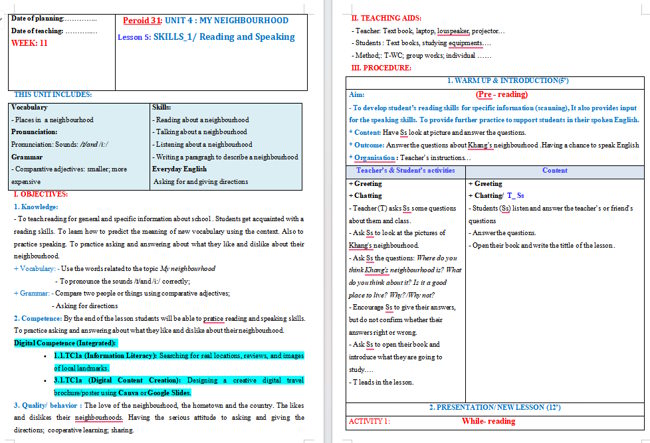 Giáo án tích hợp NLS Tiếng Anh 6 Unit 4: Skills 1