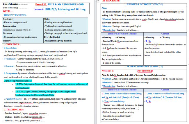 Giáo án tích hợp NLS Tiếng Anh 6 Unit 4: Skills 2