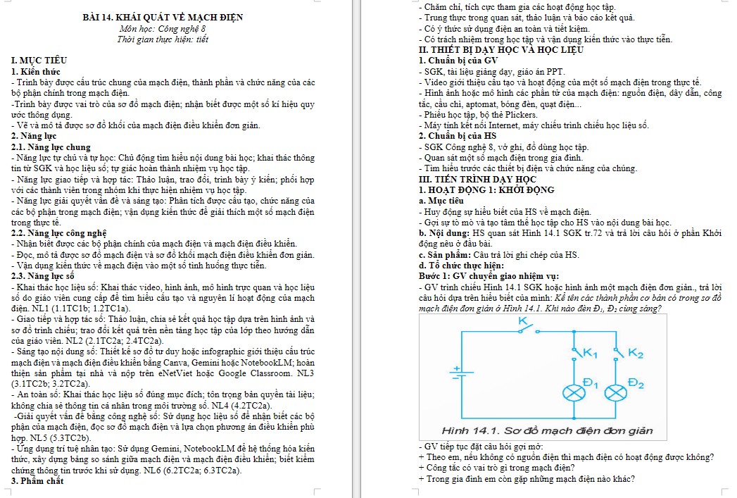 Kế hoạch bài dạy Công nghệ 8 Bài 14 NLS