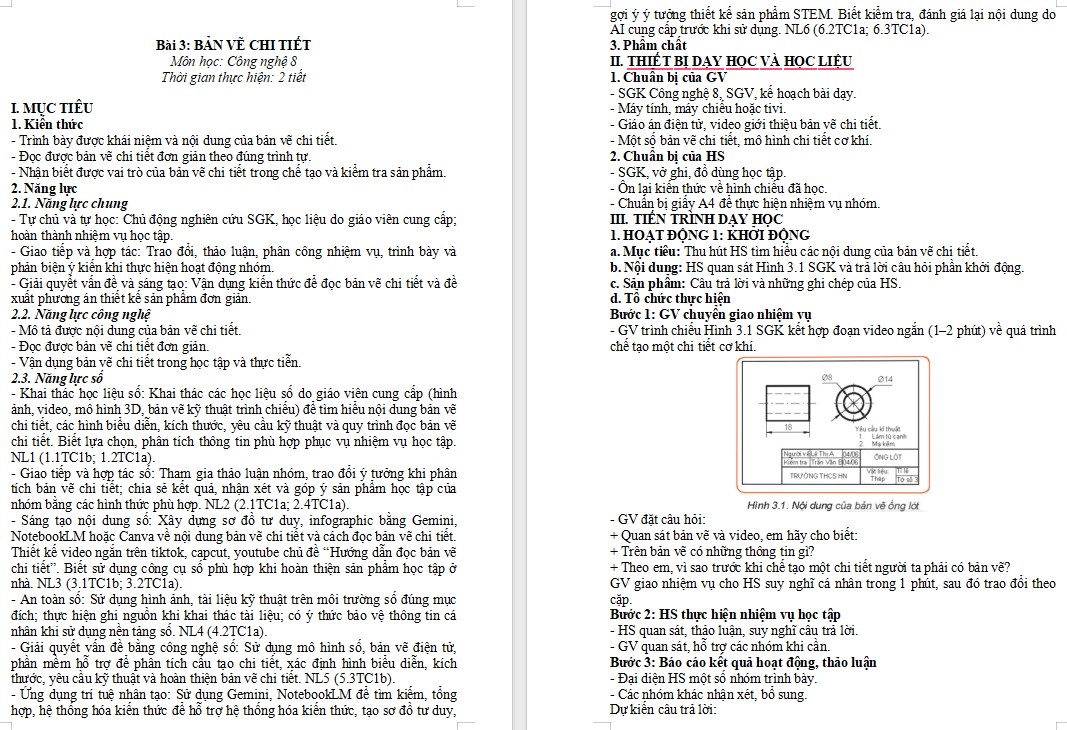 Kế hoạch bài dạy Công nghệ 8 Bài 3 NLS