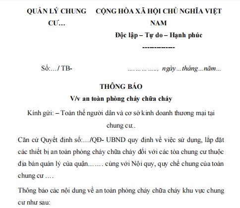Mẫu thông báo an toàn phòng cháy chữa cháy