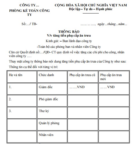 Mẫu thông báo tăng tiền phụ cấp ăn trưa