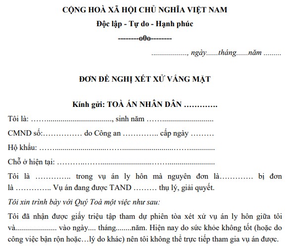 Mẫu đơn đề nghị xét xử ly hôn vắng mặt