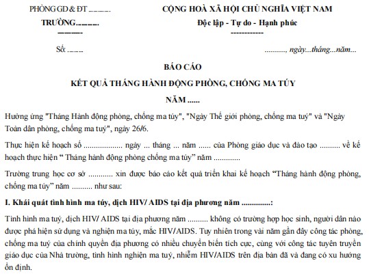 Mẫu báo cáo tháng hành động phòng, chống ma túy