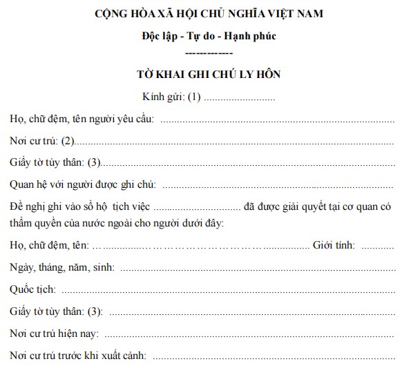 Mẫu tờ khai về việc ghi chú ly hôn