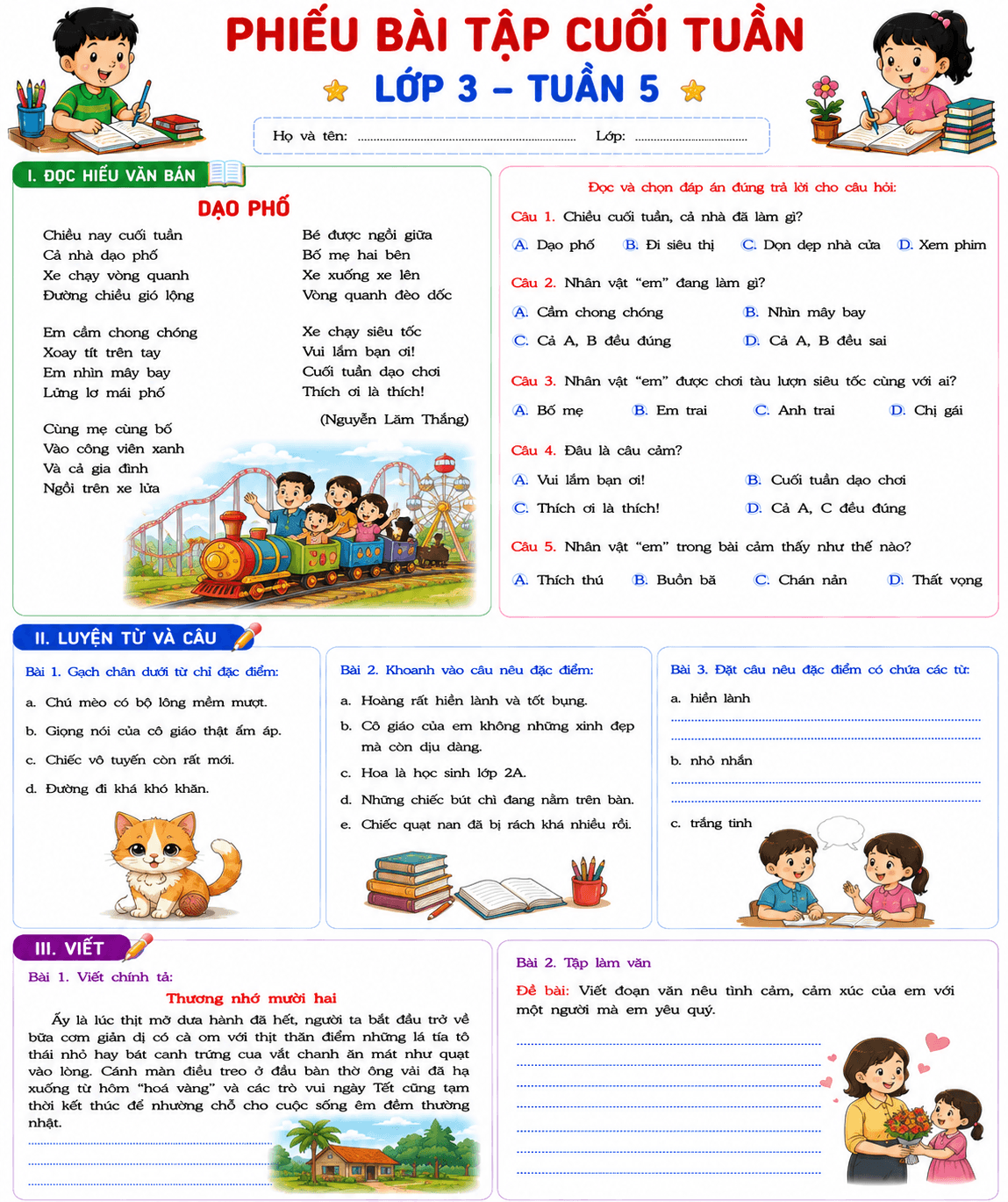BTCT môn Tiếng Việt 3 sách KNTT Tuần 5 - Bộ số 1