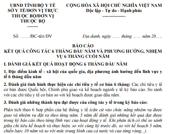 Mẫu báo cáo kết quả công tác 6 tháng đầu năm của Bộ Y tế