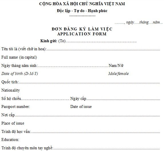 Mẫu đơn đăng ký làm việc - Application form