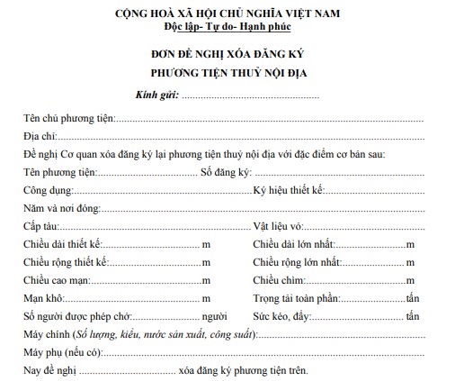 Mẫu đơn đề nghị xóa đăng ký phương tiện thủy nội địa