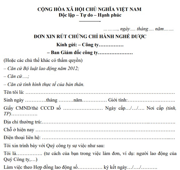 Mẫu đơn xin rút chứng chỉ hành nghề dược