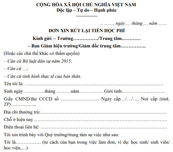 Mẫu đơn xin rút lại tiền học phí