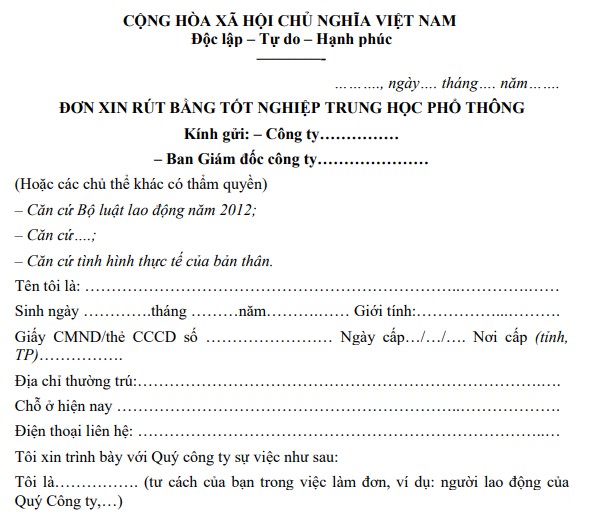 Mẫu đơn xin rút bằng tốt nghiệp trung học phổ thông