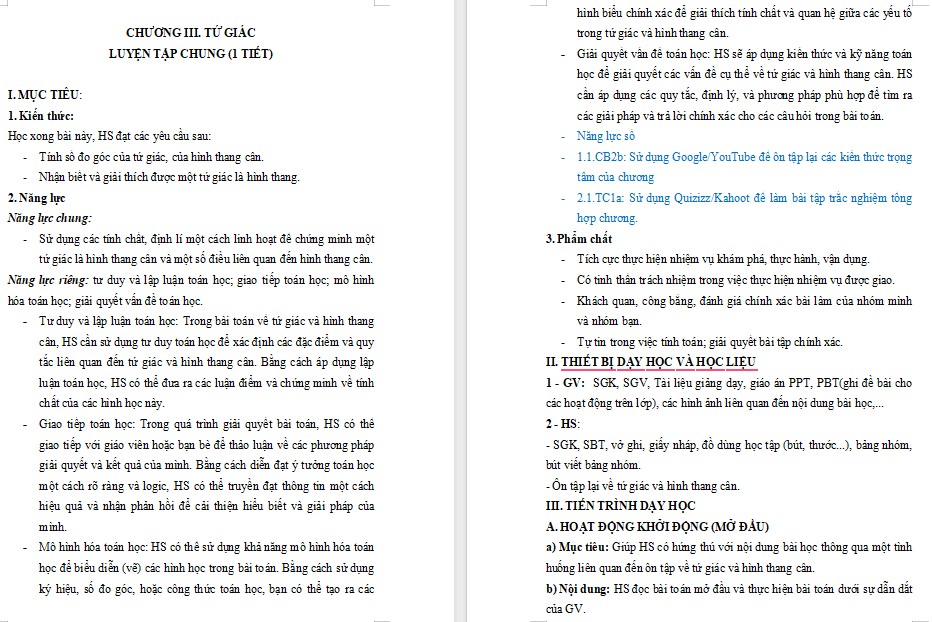 Kế hoạch bài dạy Toán 8 Bài Luyện tập chung trang 56 NLS