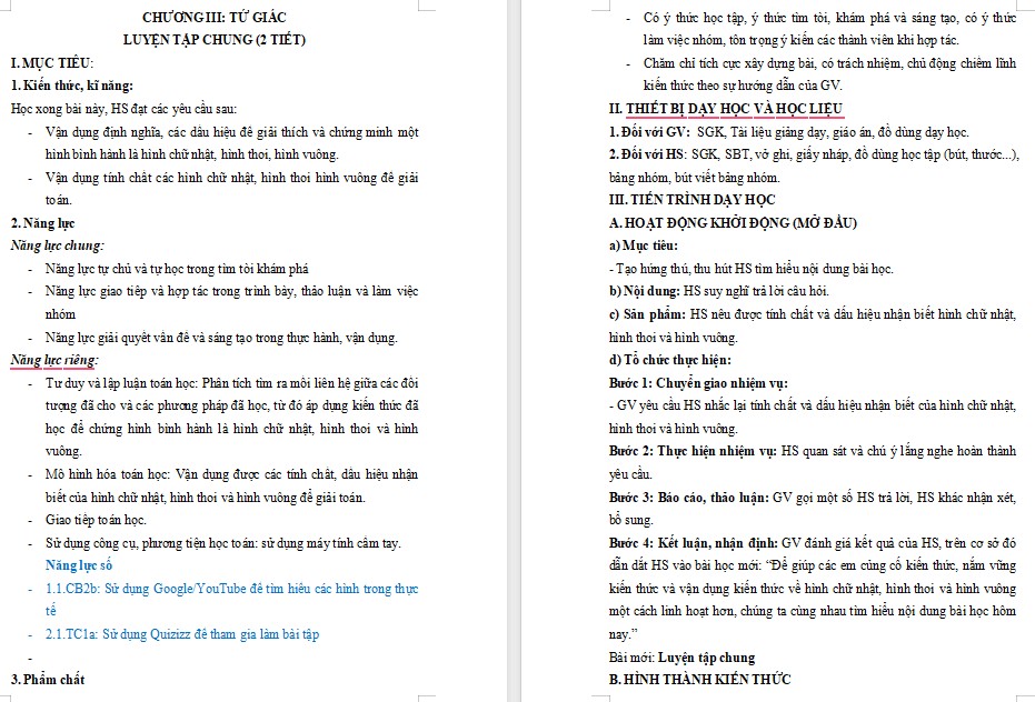 Kế hoạch bài dạy Toán 8 Bài Luyện tập chung trang 73 NLS
