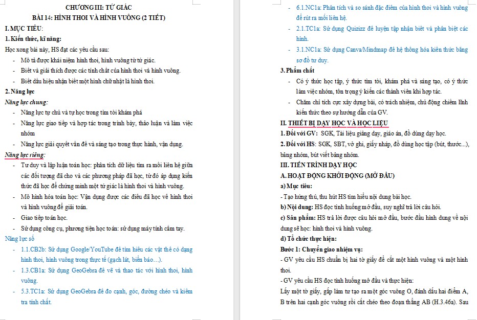 Kế hoạch bài dạy Toán 8 Bài 14 NLS