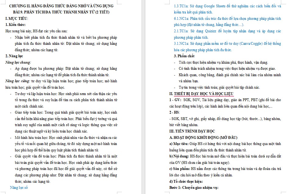 Kế hoạch bài dạy Toán 8 Bài 9 NLS