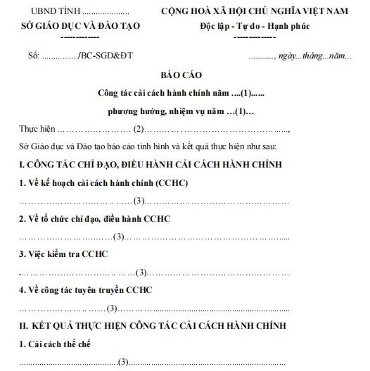 Mẫu báo cáo về công tác cải cách hành chính
