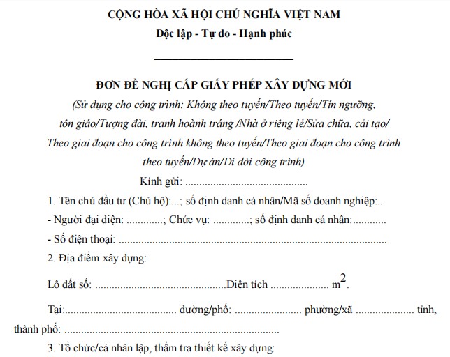 Đơn đề nghị cấp giấy phép xây dựng Mẫu đơn đề nghị cấp giấy phép xây dựng