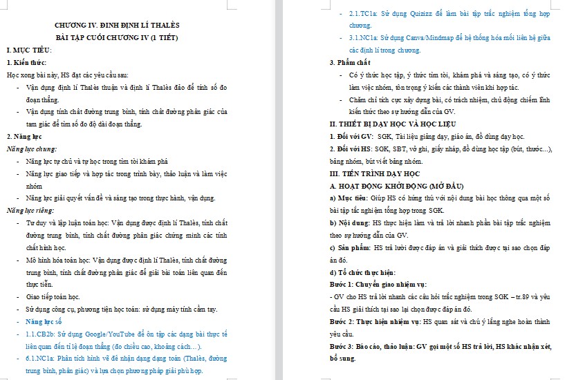Kế hoạch bài dạy Toán 8 Bài tập cuối chương 4 NLS