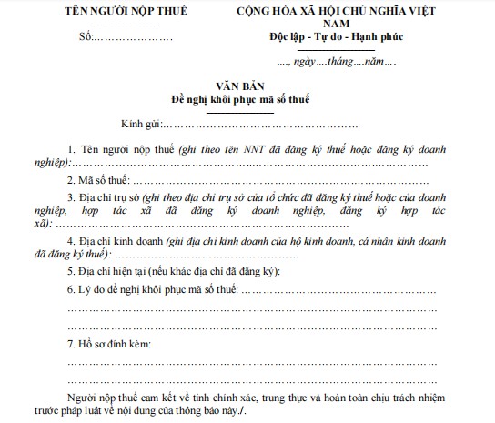 Mẫu công văn khôi phục mã số thuế