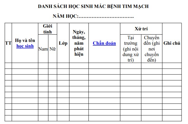 Mẫu danh sách ghi chép số học sinh mắc bệnh tim mạch