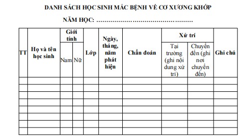 Mẫu danh sách ghi chép học sinh mắc bệnh về cơ xương khớp