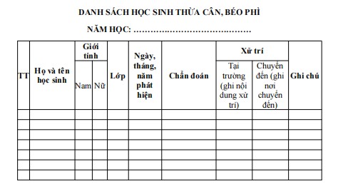 Mẫu danh sách ghi chép số học sinh thừa cân, béo phì