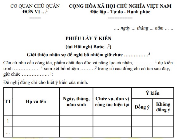 Mẫu phiếu lấy ý kiến giới thiệu nhân sự đề nghị bổ nhiệm giữ chức
