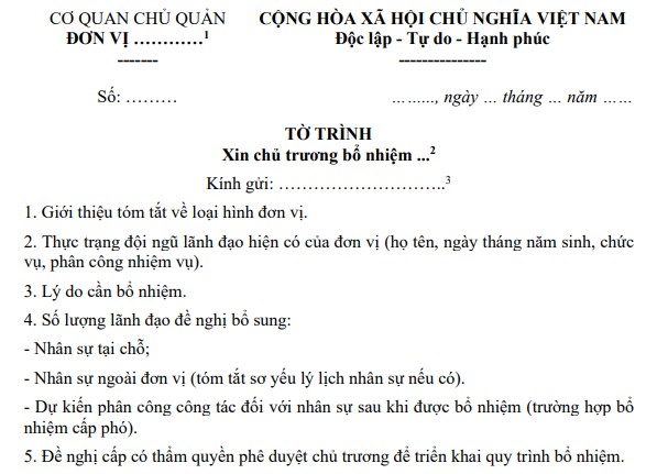 Mẫu tờ trình xin chủ trương bổ nhiệm