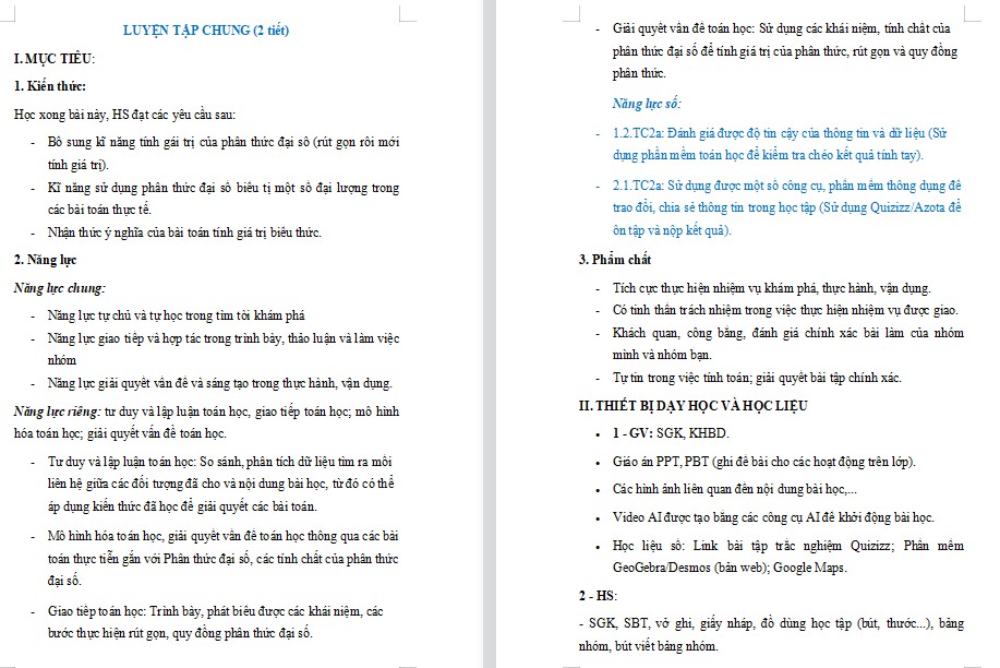 Kế hoạch bài dạy Toán 8 Bài Luyện tập chung trang 13 NLS
