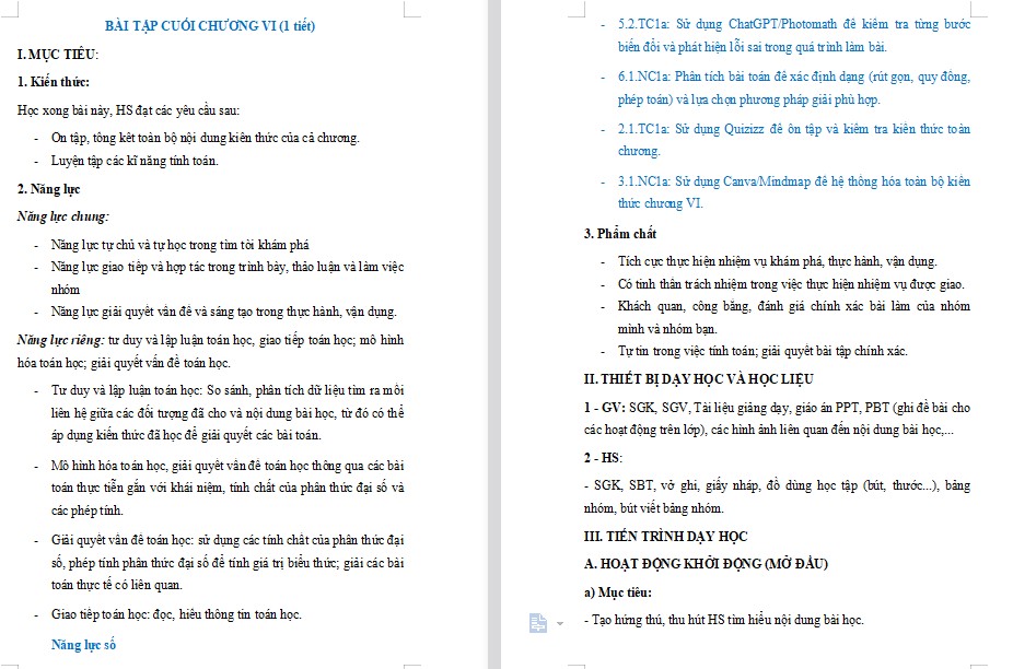 Kế hoạch bài dạy Toán 8 Bài tập cuối chương 6 NLS