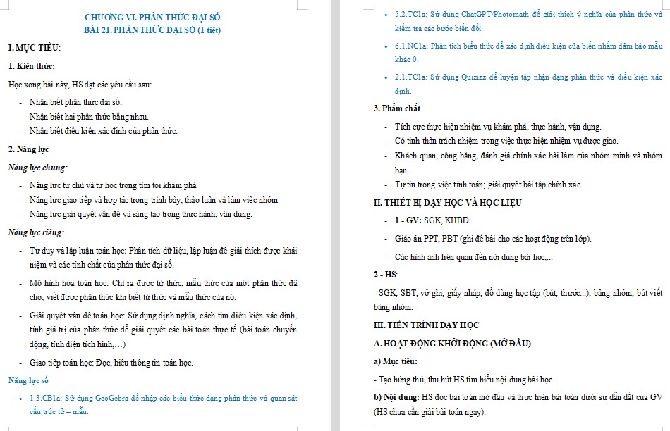 Kế hoạch bài dạy Toán 8 Bài 21 NLS