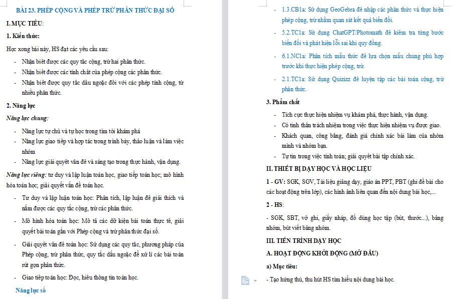 Kế hoạch bài dạy Toán 8 Bài 23 NLS