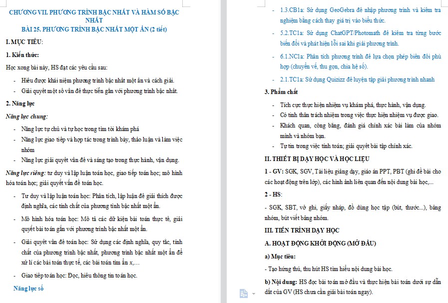 Kế hoạch bài dạy Toán 8 Bài 25 NLS