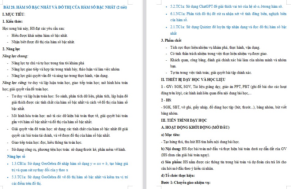 Kế hoạch bài dạy Toán 8 Bài 28 NLS