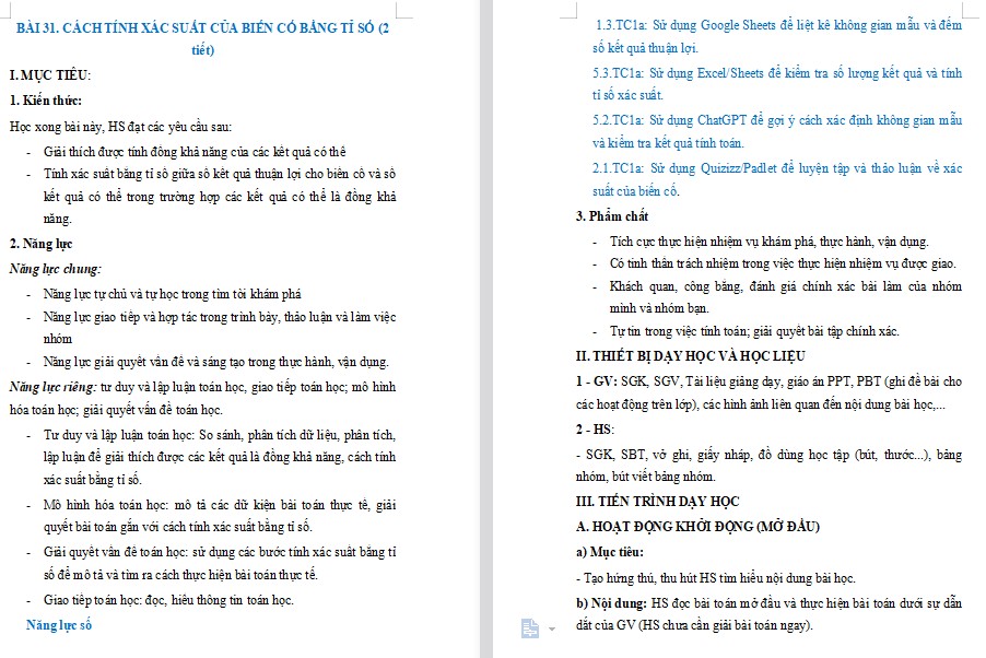 Kế hoạch bài dạy Toán 8 Bài 31 NLS