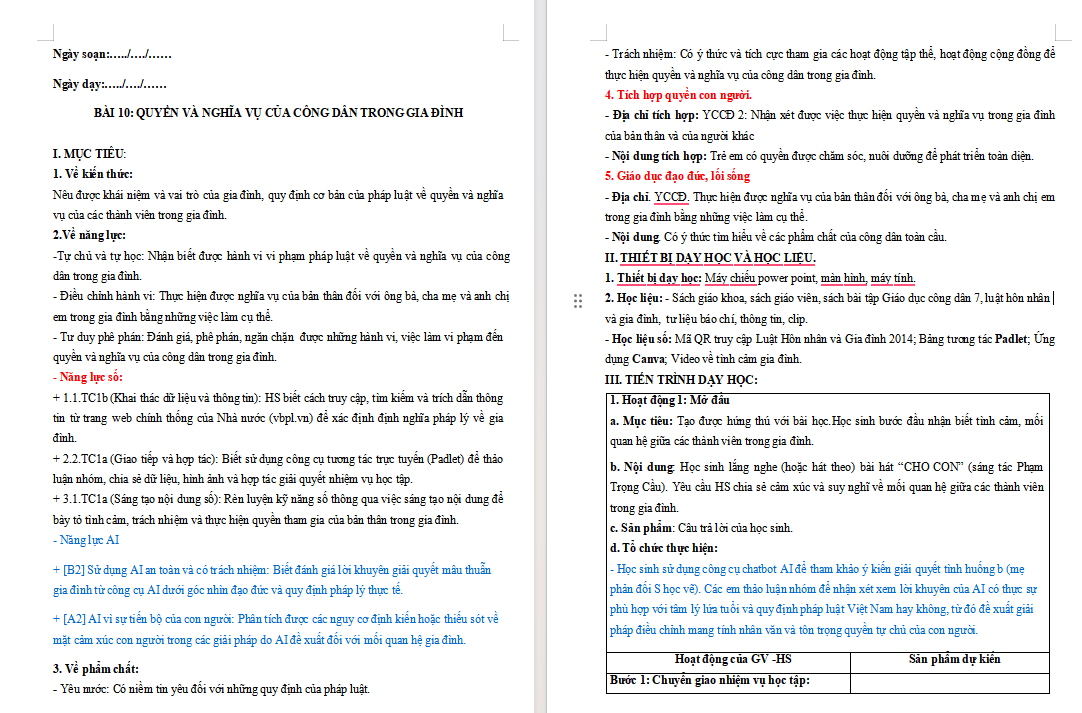 Giáo án tích hợp Năng lực số, AI GDCD 7 Bài 10