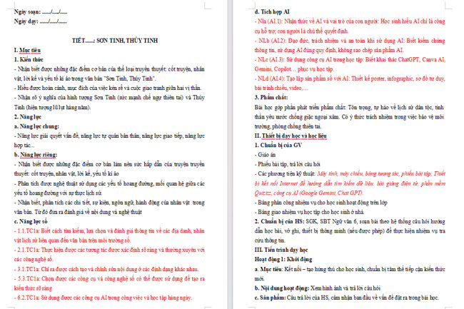 Giáo án tích hợp NLS, AI Ngữ văn 6 Bài 6: Sơn Tinh, Thủy Tinh