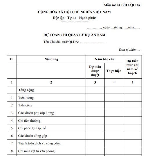Mẫu dự toán chi phí quản lý dự án năm theo Thông tư 05 Mẫu dự toán chi phí quản lý dự án năm