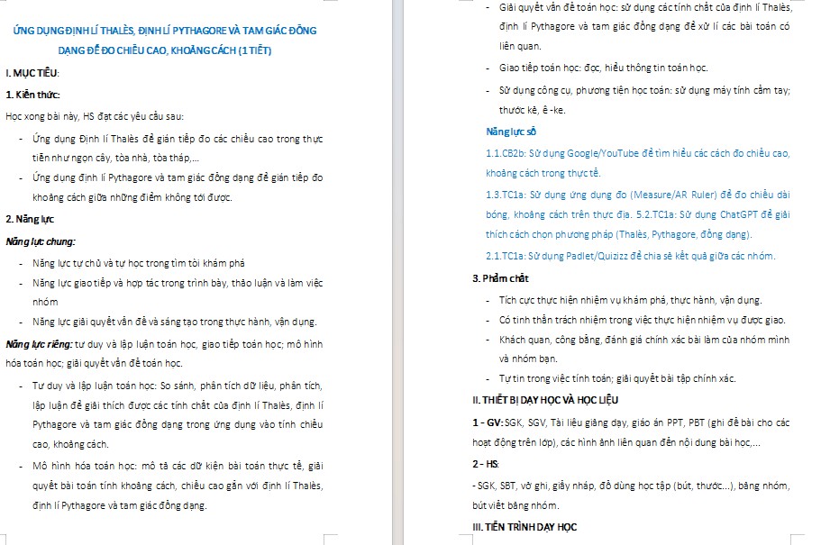 Kế hoạch bài dạy Toán 8 Bài Ứng dụng định lí Thalès, định lí Pythagore và tam giác đồng dạng để đo chiều cao, khoảng cách NLS