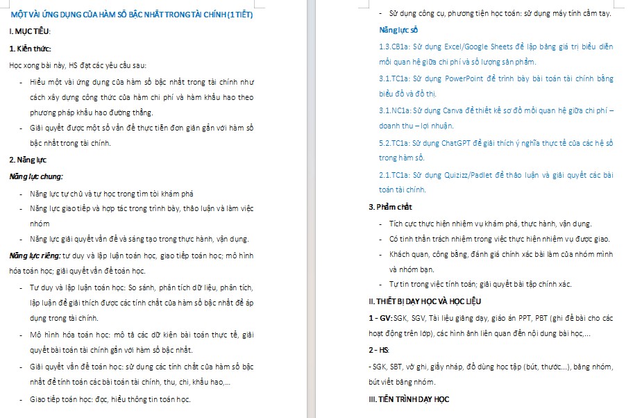 Kế hoạch bài dạy Toán 8 Bài Một vài ứng dụng của hàm số bậc nhất trong tài chính Việt Nam NLS