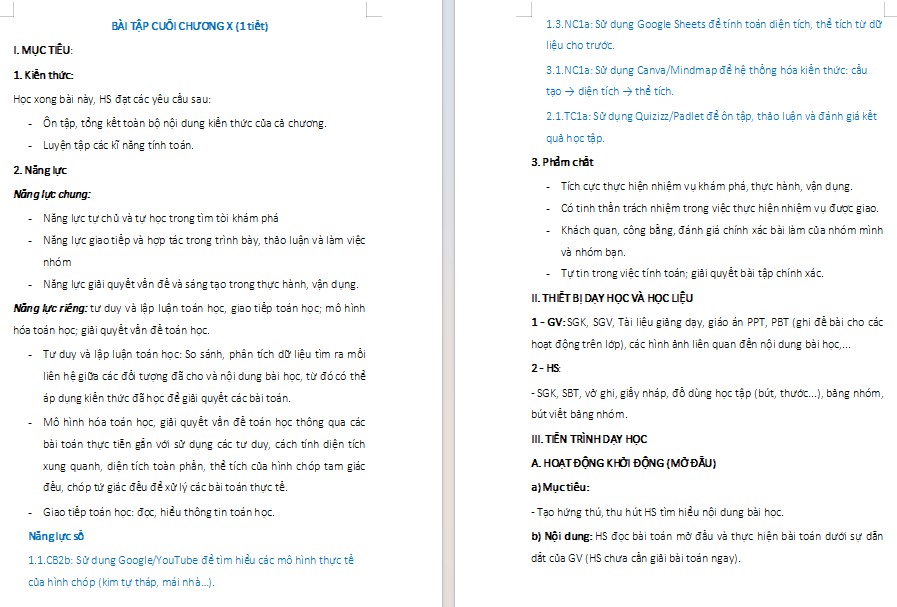 Kế hoạch bài dạy Toán 8 Bài tập cuối chương 10 NLS