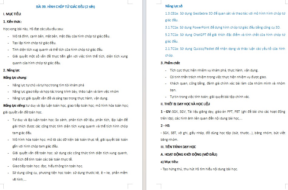 Kế hoạch bài dạy Toán 8 Bài 39 NLS
